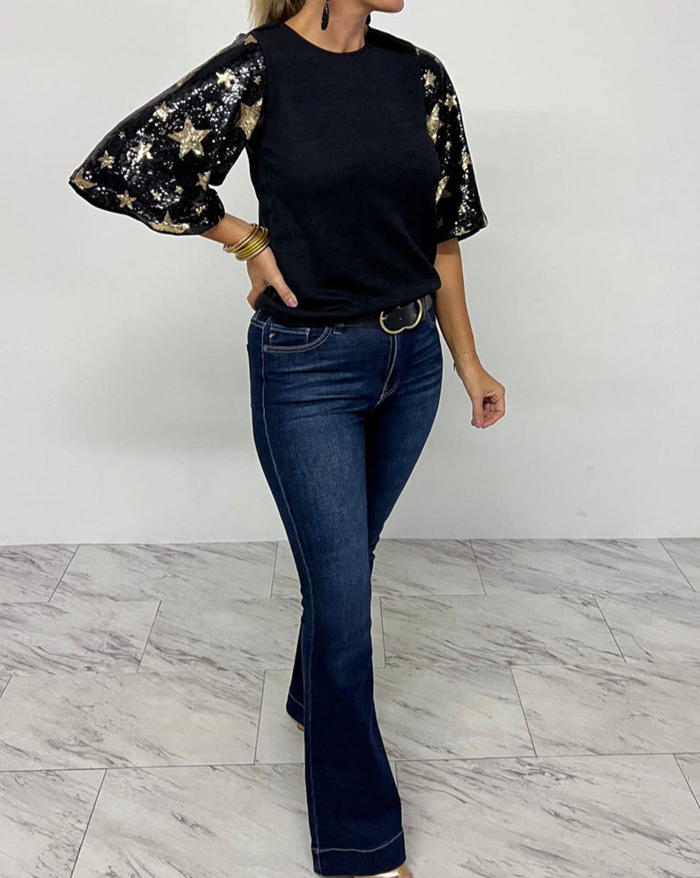 Star Sequin Lantern Sleeve Top