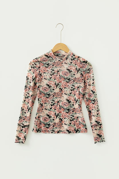 Floral Mesh Mock Neck Long Sleeve Top