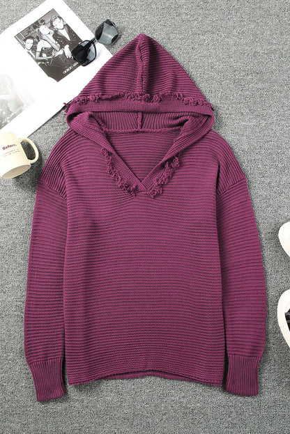 Ribbed Raw Edge Hooded Sweater