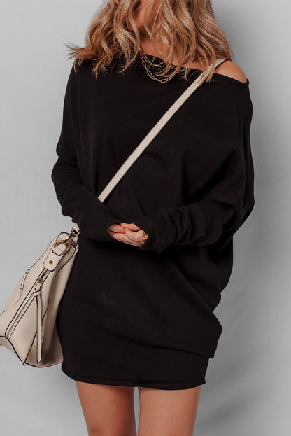Solid Asymmetric Neck Sweater Mini Dress