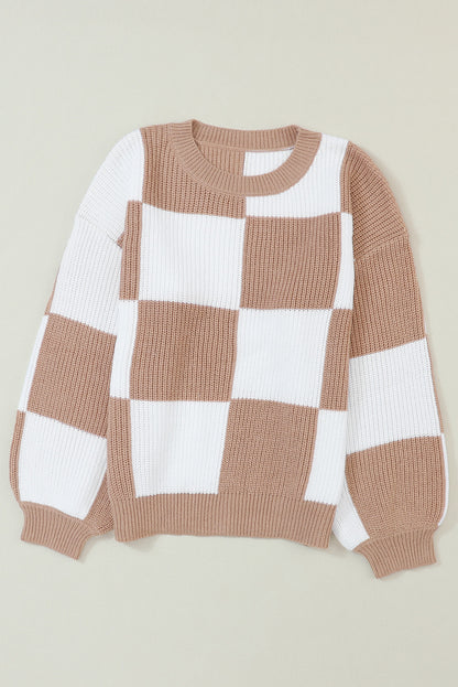 Checker Ribbed Puff Sleeve Sweater