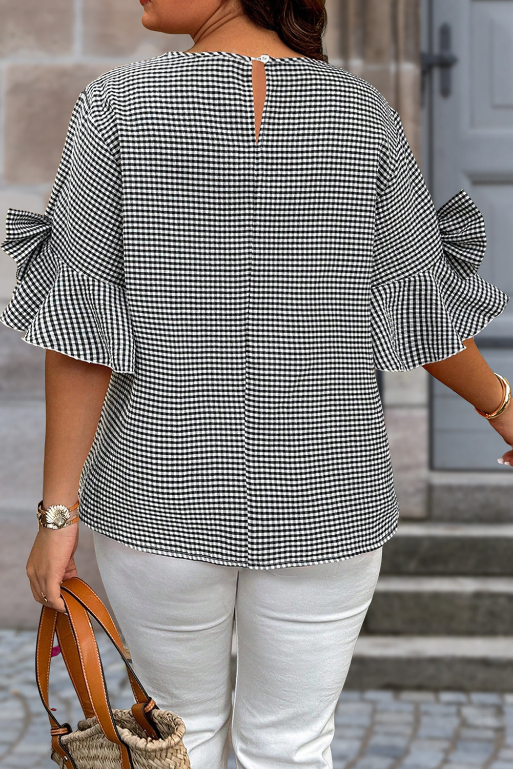 Plus Size Gingham Bow Ruffle Sleeve Top