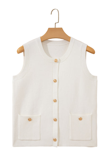 Solid Knit Sleeveless Button Front Pocketed Sweater