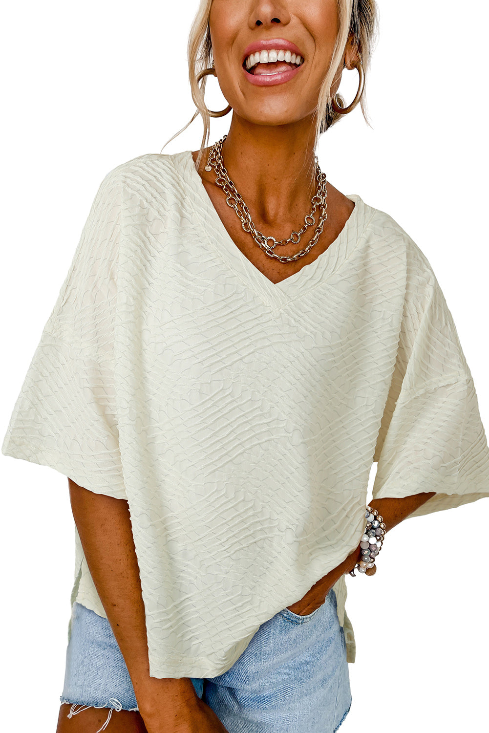 Textured Split Hem Oversized Top