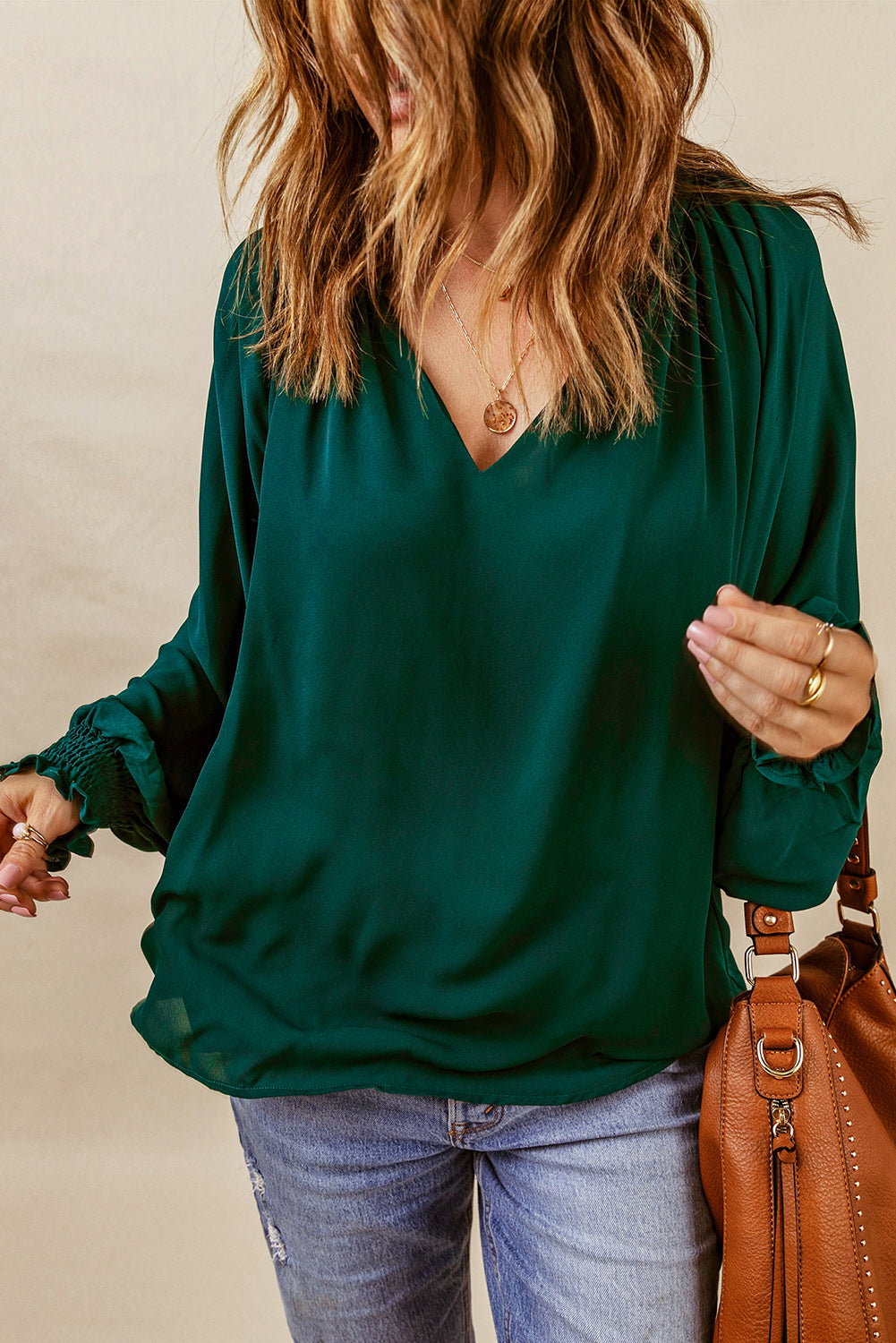 Pleated Puff Sleeve V-Neck Blouse