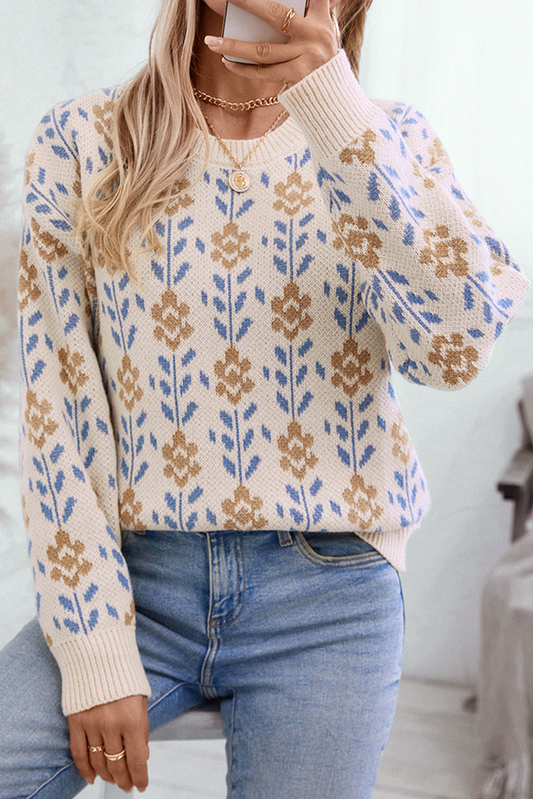 Floral Ribbed Trim Crewneck Sweater