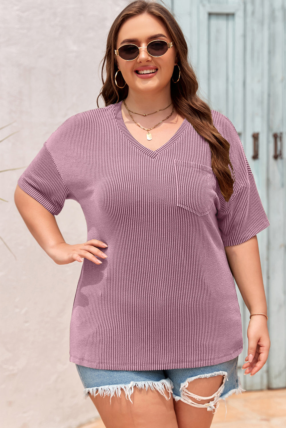 Plus Size Solid Corded Knit V-Neck T-Shirt