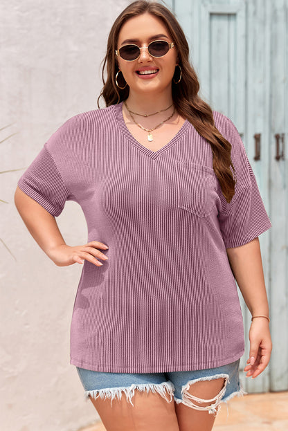 Plus Size Solid Corded Knit V-Neck T-Shirt