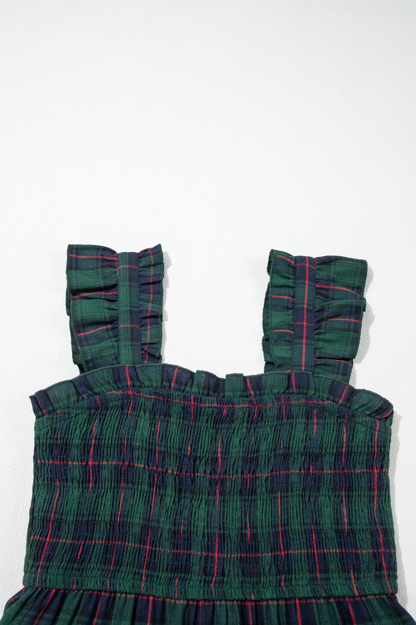 Plaid Ruffle Sleeveless Shirred Tiered Midi Dress