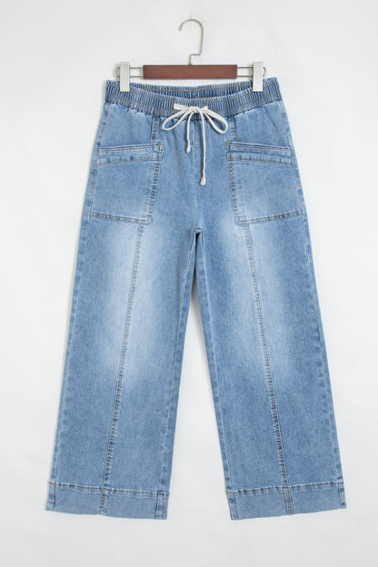 Denim Contrast Drawstring Waist Wide Leg Jeans
