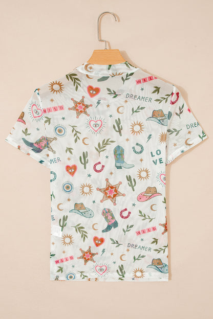 Western LOVE WILD DREAMER Sheer Mesh Graphic Top