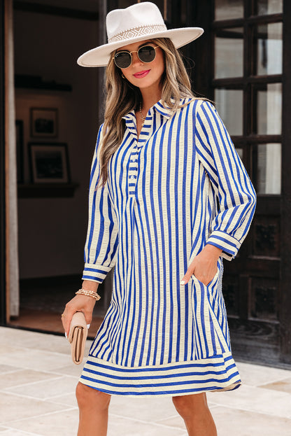 Stripe Buttoned Collar Side Pockets Mini Dress