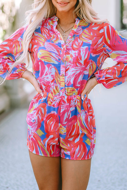 Abstract Long Sleeve Buttoned Romper