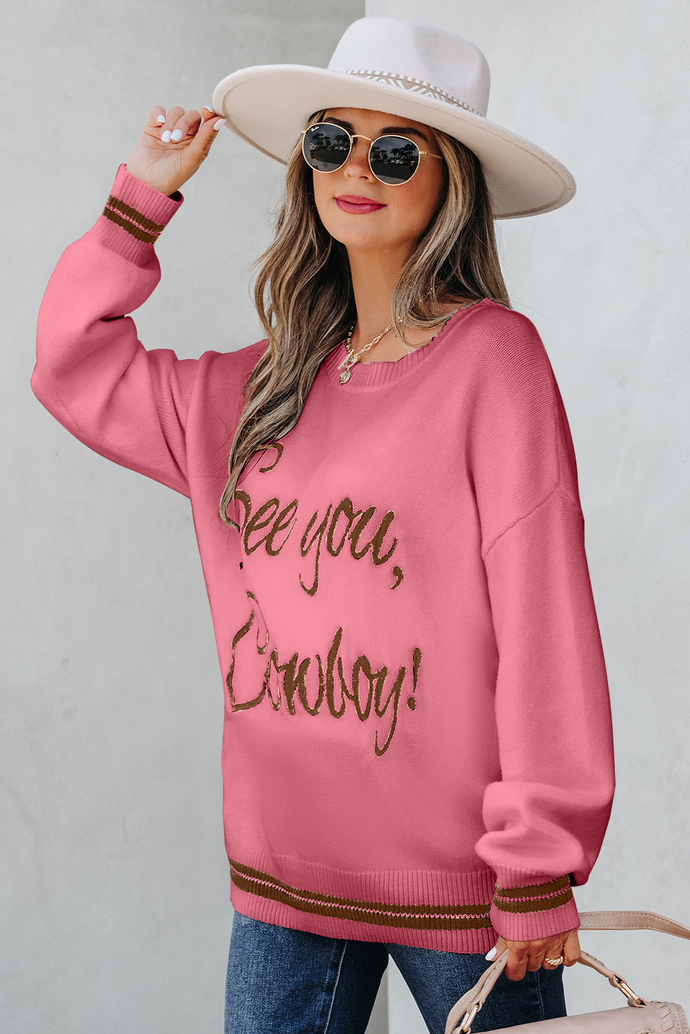 Western See You Cowboy Embroidered Stripe Cuff Sweater