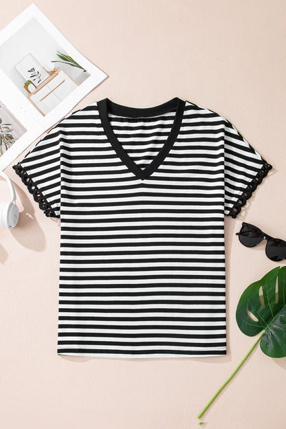 Stripe V-Neck Lace Trim Short Sleeve Tee