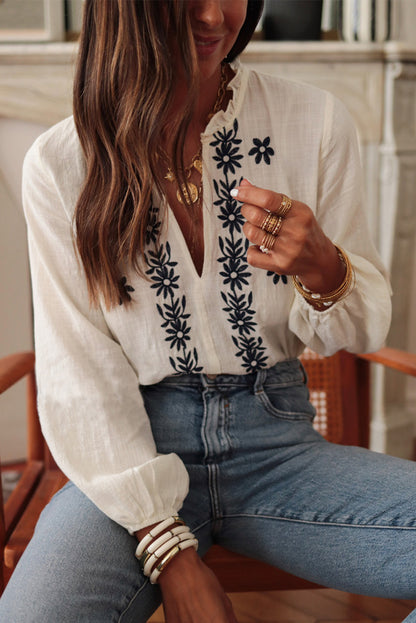 Floral Embroidered Puff Sleeve Blouse