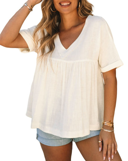 Linen Ruffle V-Neck Babydoll Blouse