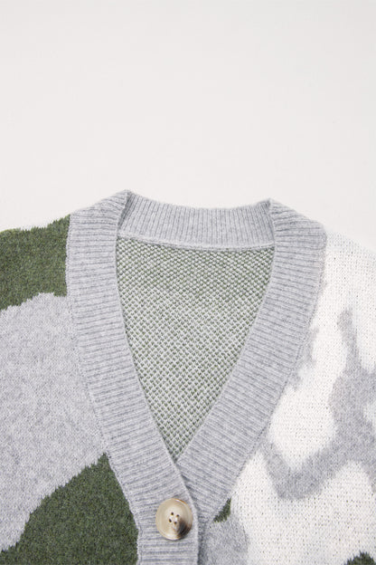 Camo Contrast Trim Buttoned V-Neck Cardigan