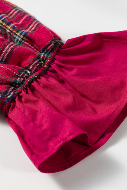 Plaid Collared Bow Tie Ruffle Long Sleeve Blouse