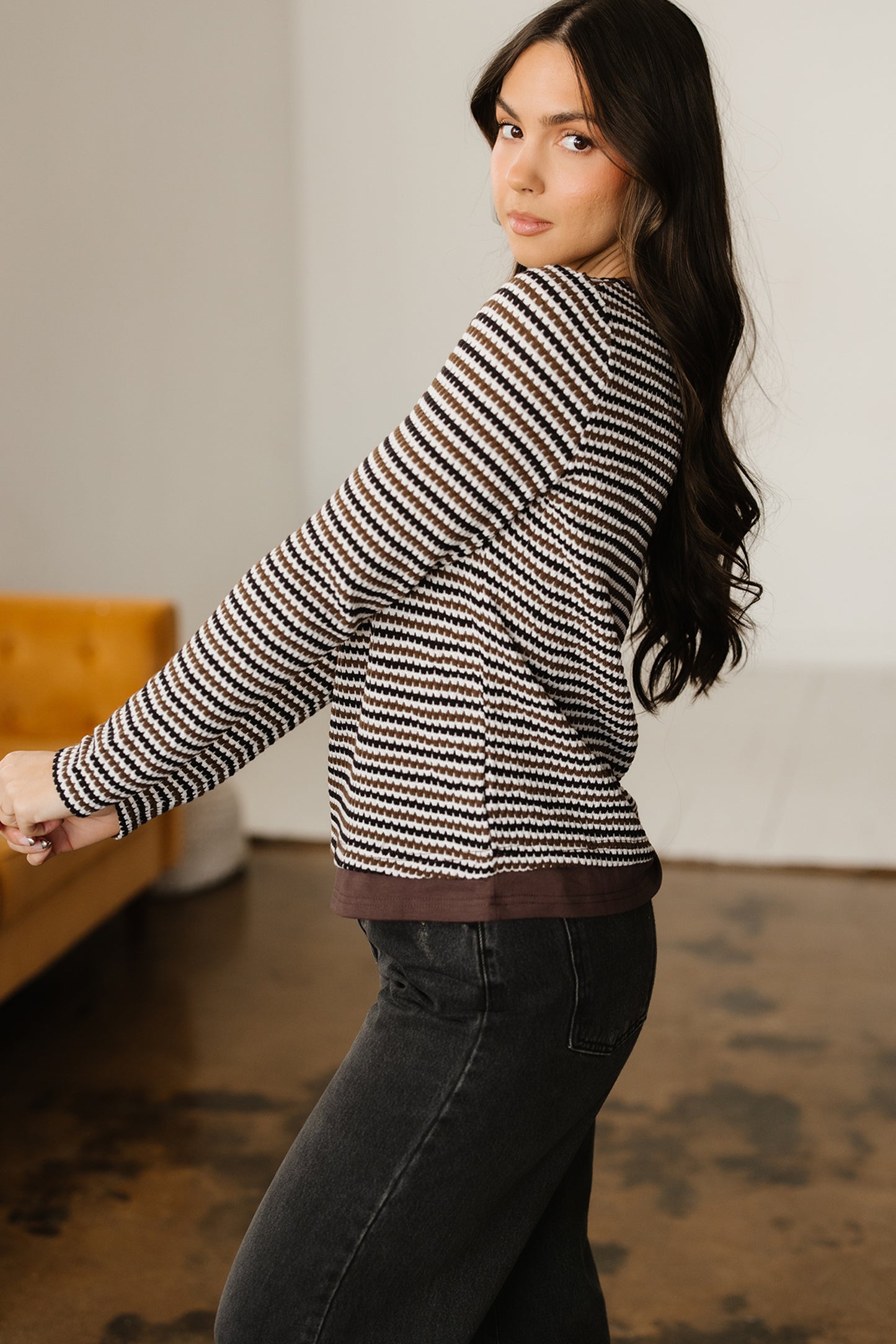 Stripe Textured Knit Long Sleeve T-Shirt