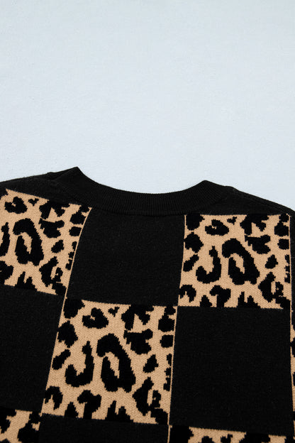 Leopard Checker Short Sleeve Knit Sweater
