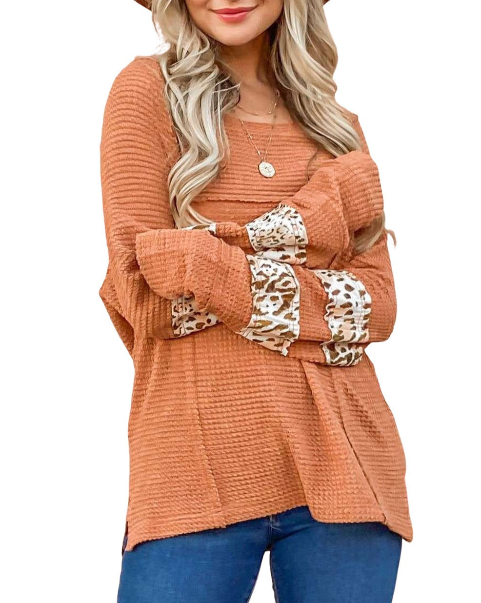 Leopard Patchwork Waffle Knit Top