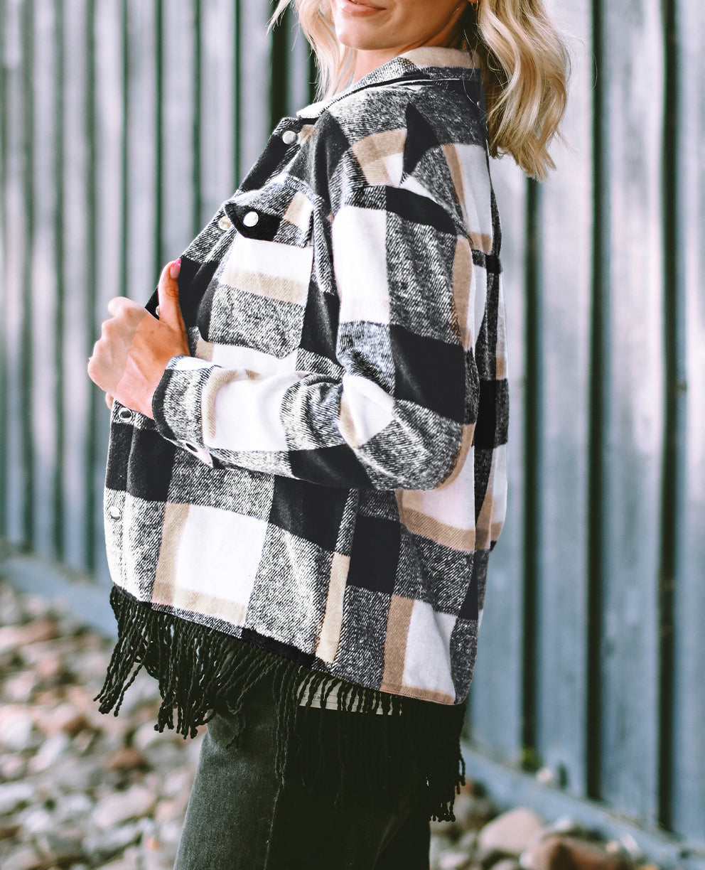 Plaid Pocket Fringed Hem Jacket