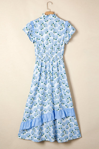 Floral Hydrangea Ruffle Flutter Sleeve Maxi Dress