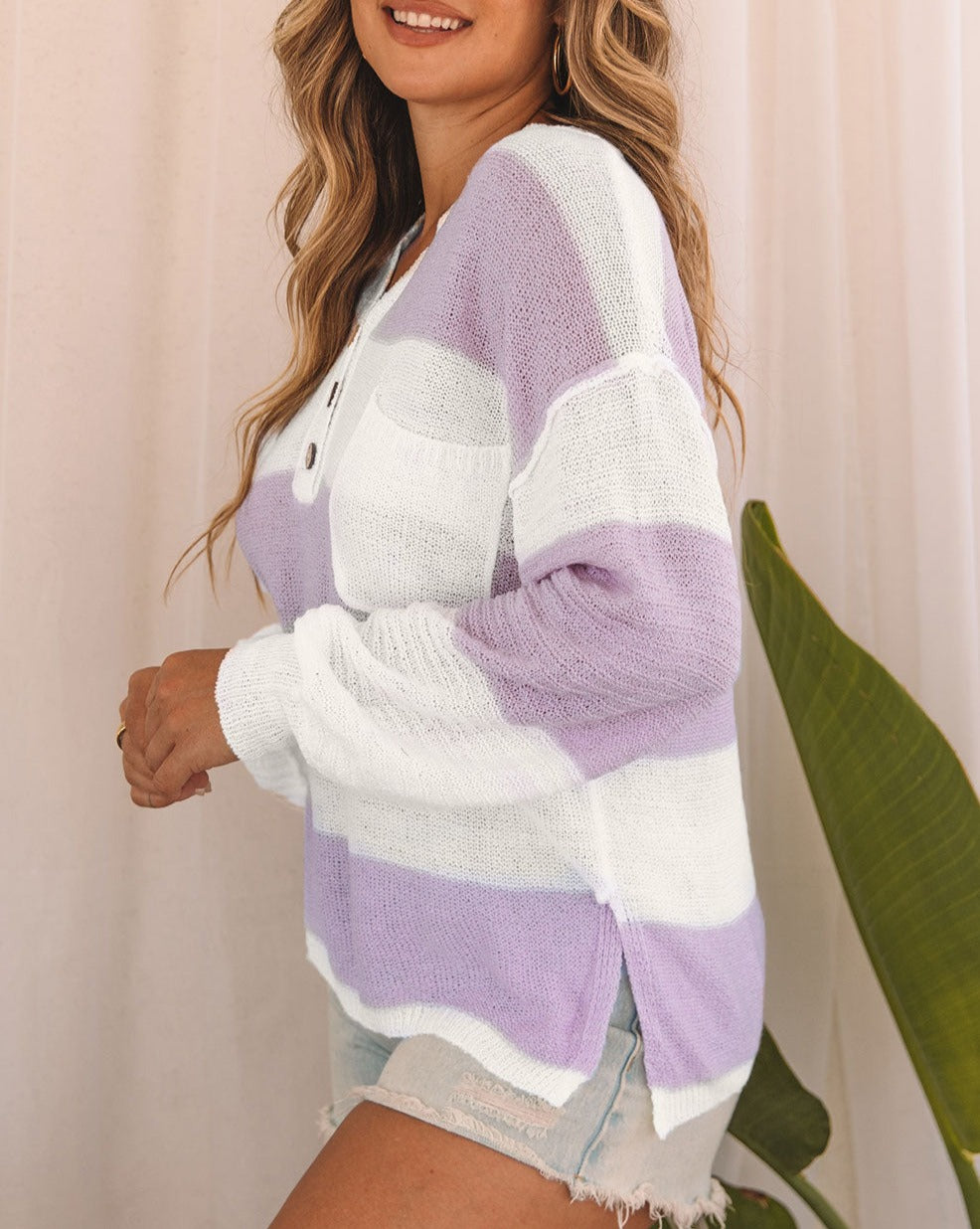 Stripe Chest Pocketed Buttoned Sweater