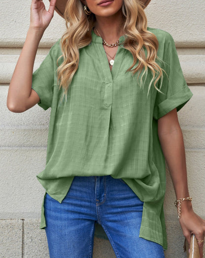 Plaid Split Hem V-Neck Shirt