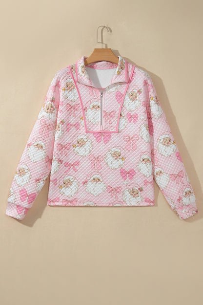 Christmas Santa Bow Half Zip Collared Sweatshirt