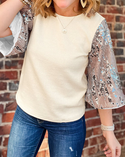 Sequin Colorblock Bell Sleeve Blouse