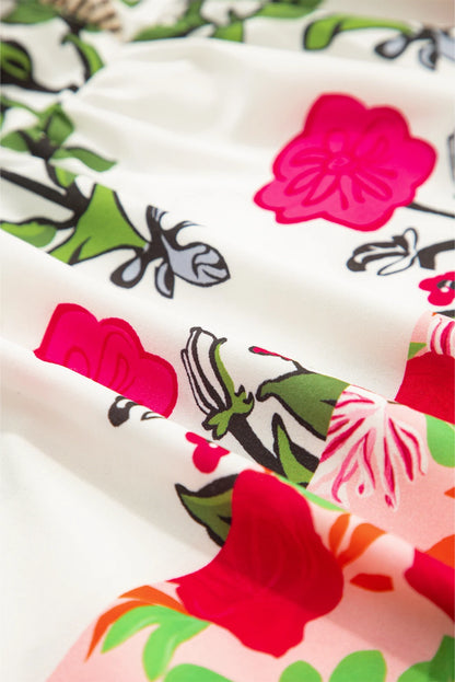 Floral Tie-Neck Stripe Detail Flutter Sleeve Blouse