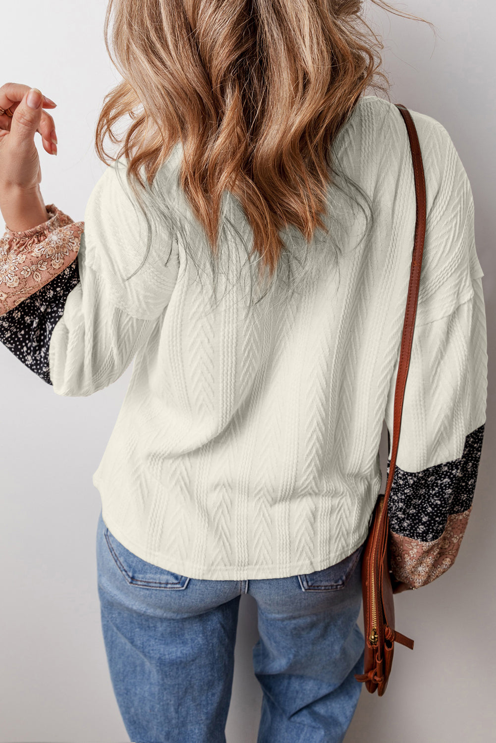 Floral Patchwork Textured Knit V-Neck Blouse