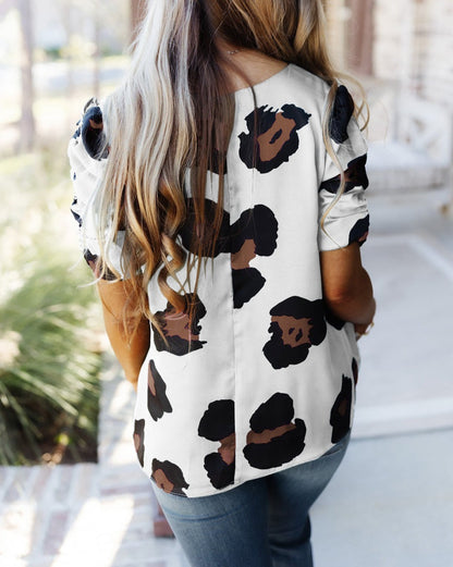 Leopard Ruched Short Sleeve Blouse