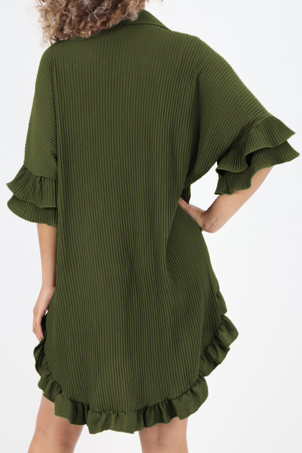 Pleated Ruffle Sleeve Shirt Dress