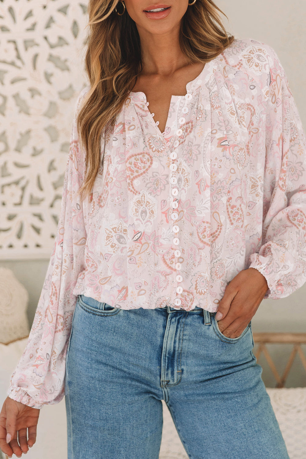 Paisley Buttoned Bubble Sleeve Blouse