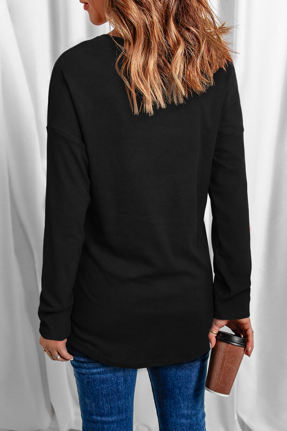 Solid V-Neck Long Sleeve Top