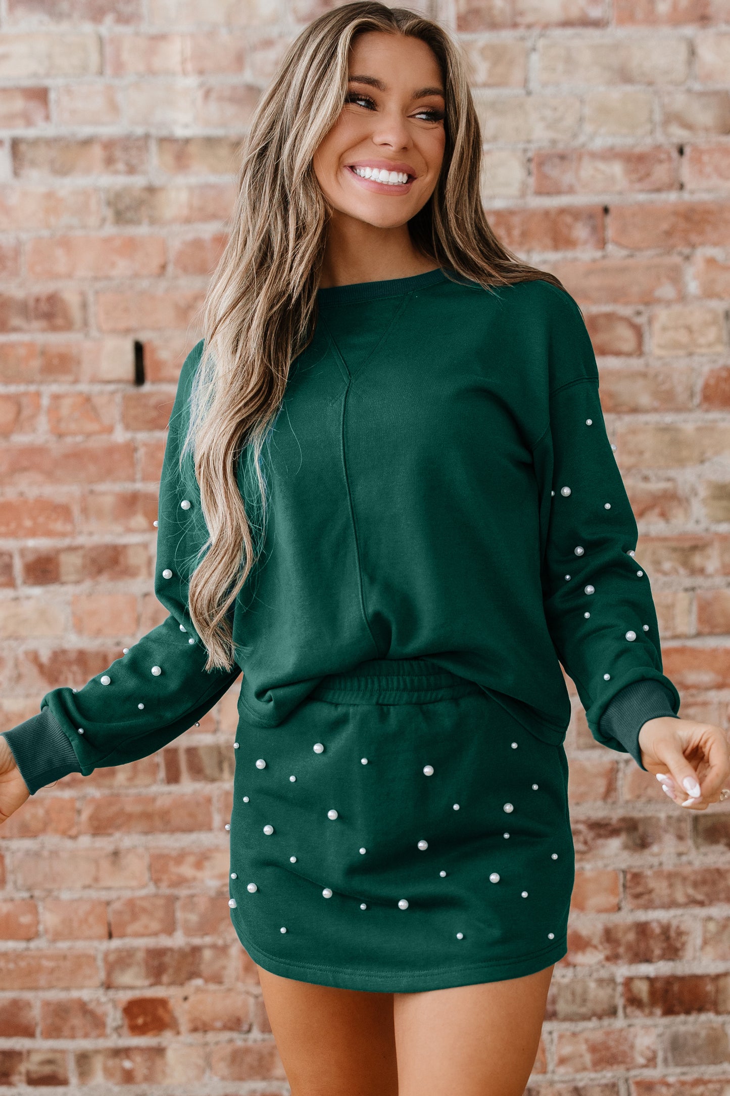 Pearl Embellished Pullover and Mini Skirt Set