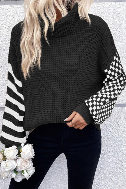 Stripe Checker Patchwork Waffle Sweater