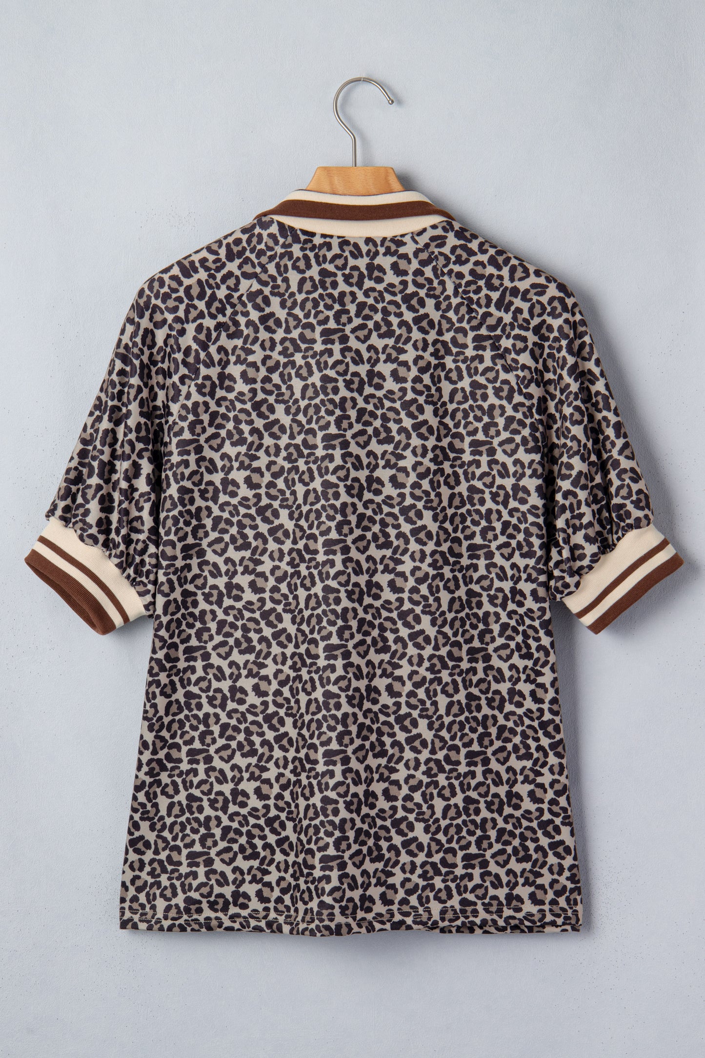Leopard Half Zip Stripe Trim Short Sleeve Top