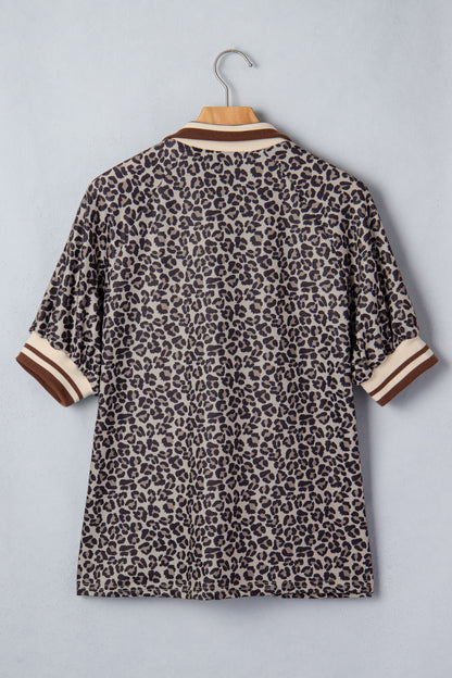 Leopard Half Zip Stripe Trim Short Sleeve Top