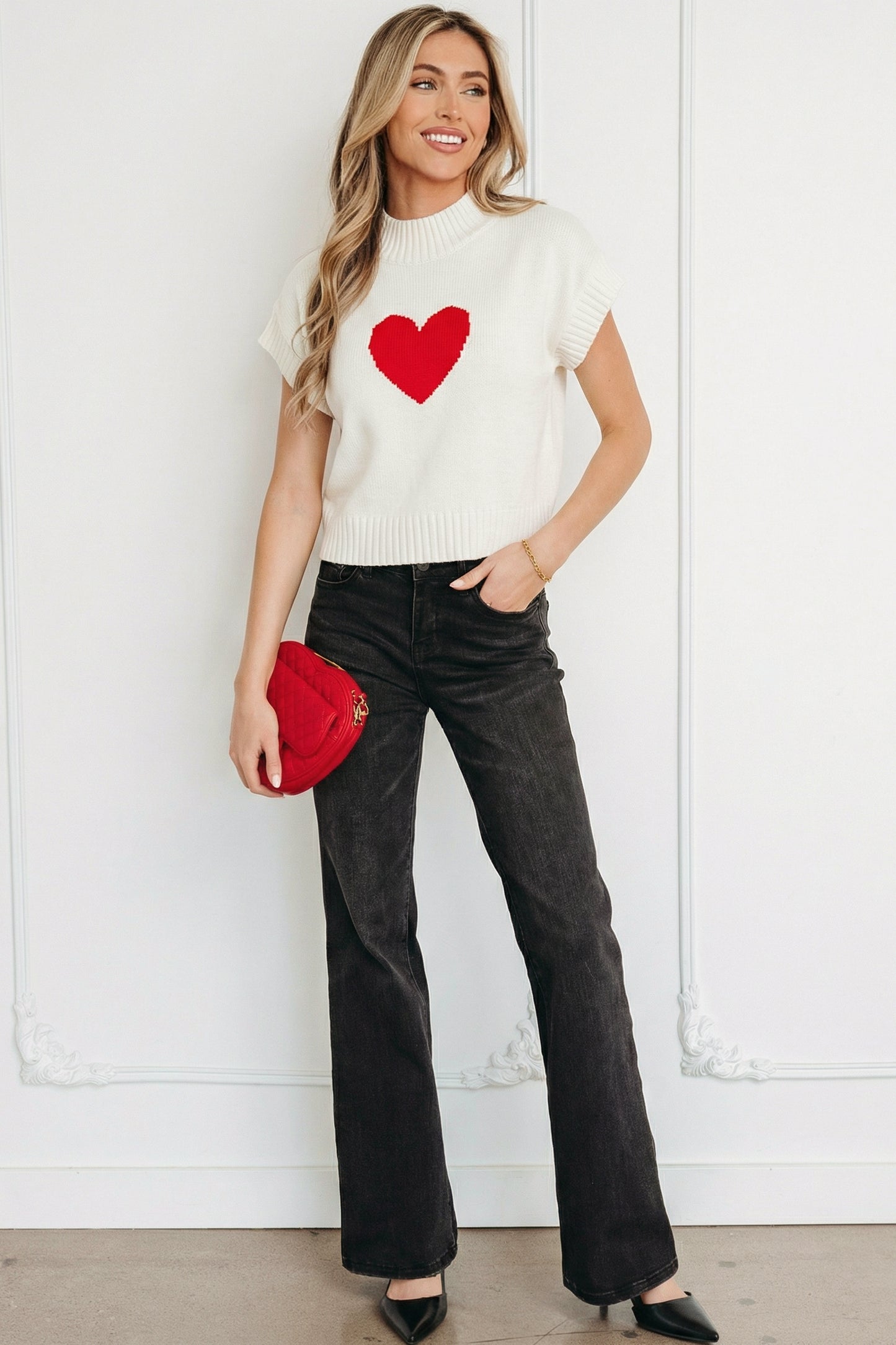 Heart Graphic Cropped Short Sleeve Sweater