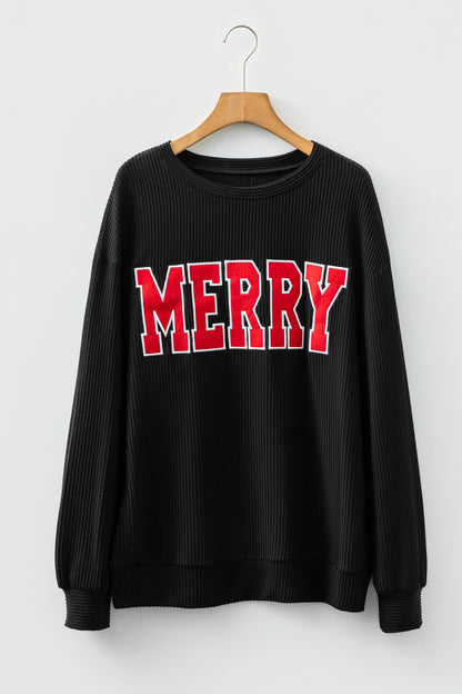 Christmas Merry Corded Knit Long Sleeve Top