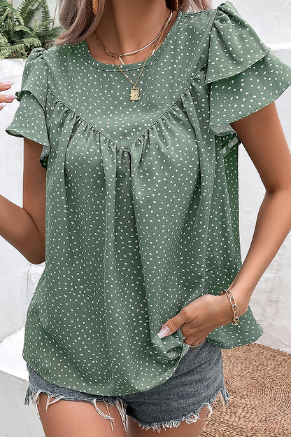 Dotted Ruffle Sleeve Ruched Blouse