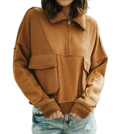 Zip Collared Cargo Pockets Sweatshirt