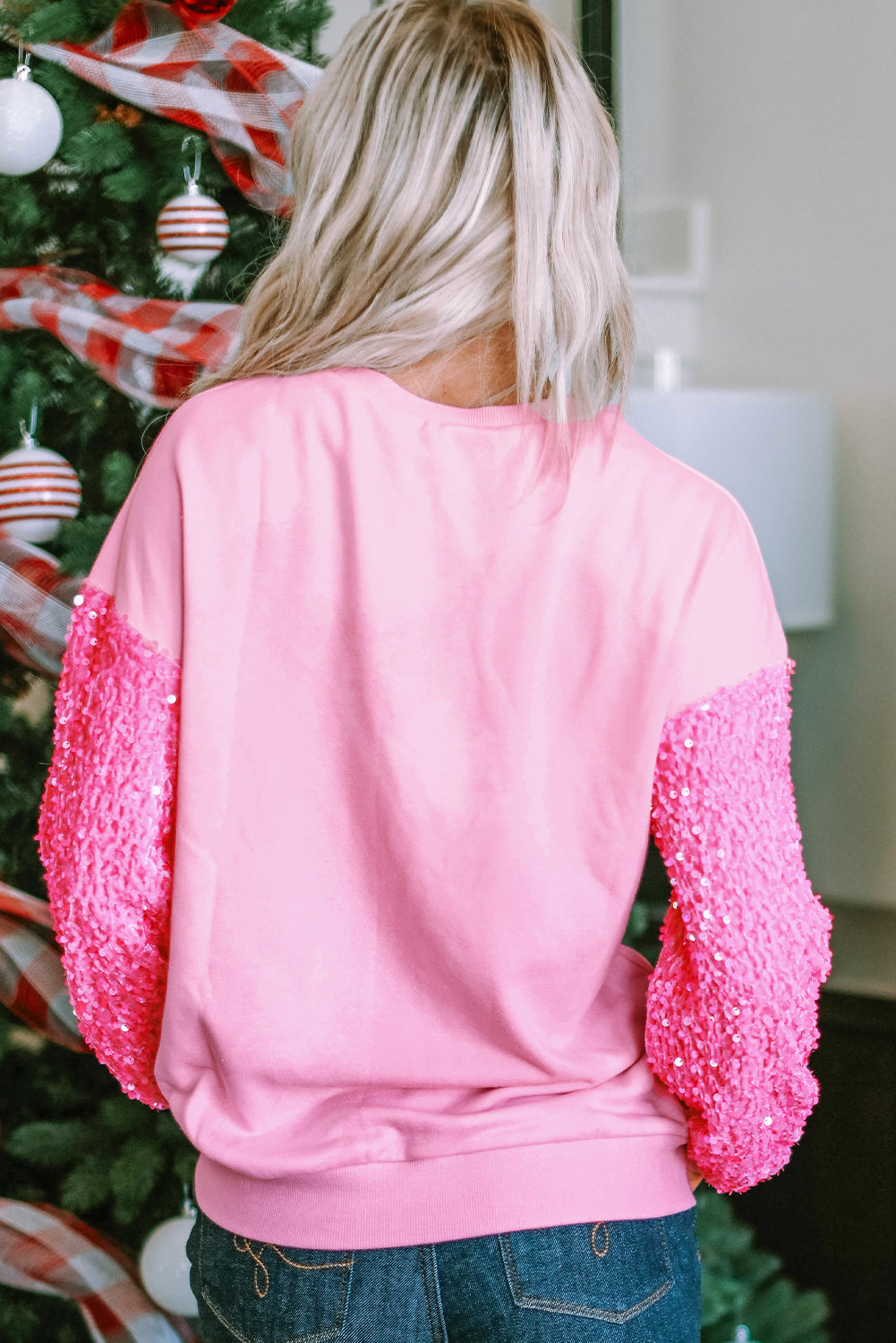 Solid Sequin Patchwork Long Sleeve Top