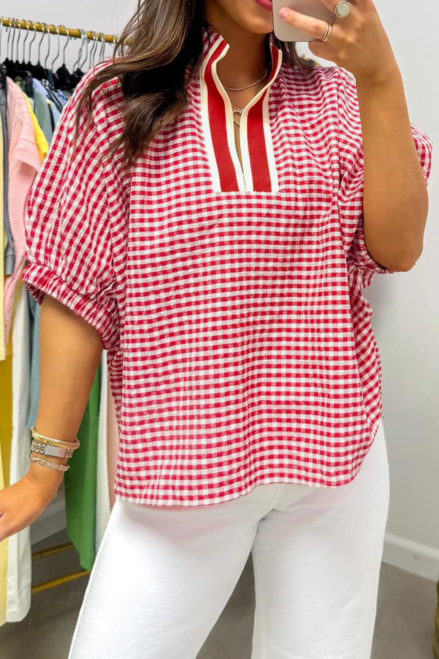 Gingham Plaid Colorblock Trim Split Neck Blouse
