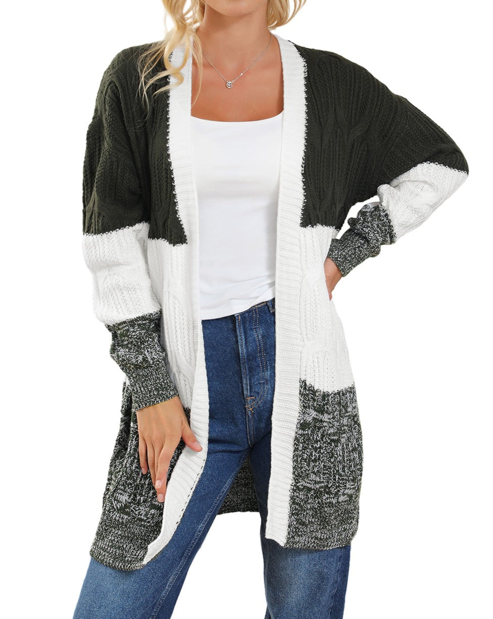 Colorblock Ribbed Trim Cable Cardigan