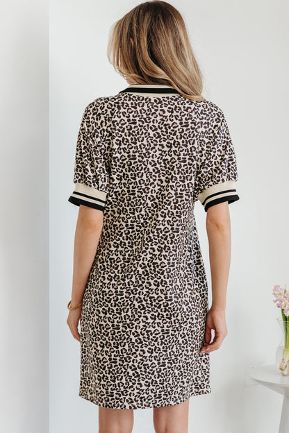 Leopard Stripe Patchwork Zip Collar Mini Dress